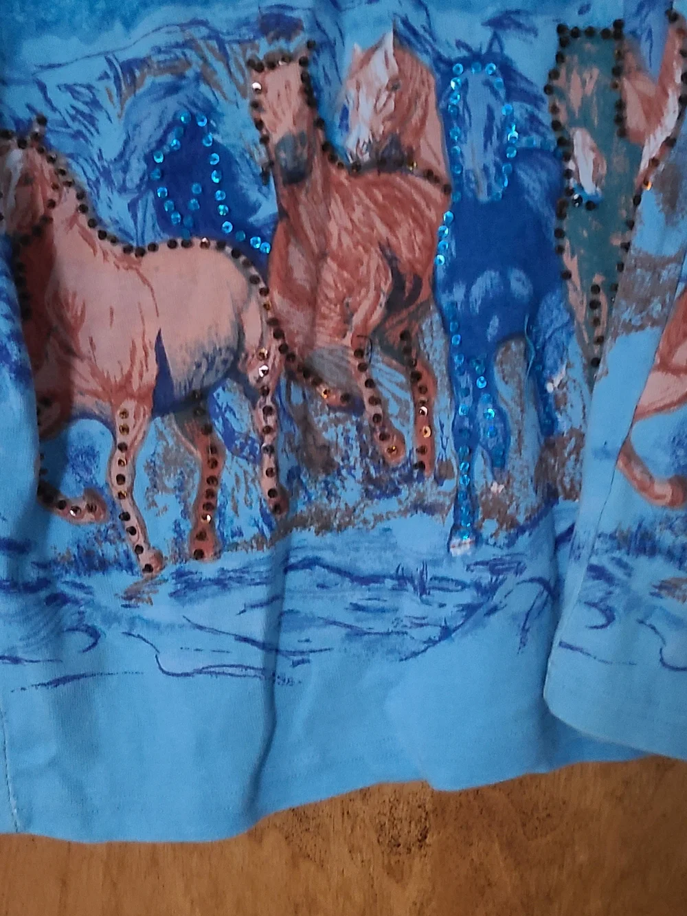 Blue Horse Print Tee with Sequin Detail